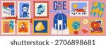 Retro postage mediterranean stamps set. Greece design card, hand drawn elements.  Greek architecture, lemons, and olive branches. Travel contemporary collection