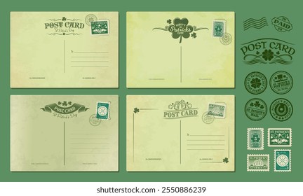 Postales antiguas del día de San Patricio, sellos y sobres de correo vintage. Plantillas de fondo en blanco de vacaciones irlandesas de Vector con hojas de trébol de trébol, adornos, lugar para Dirección y texto