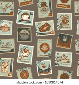 Retro Postage Seamless Background. Vector seamless pattern on coffee and coffee house theme with postage stamps and postmarks in retro style. Can be used as wallpaper or wrapping paper