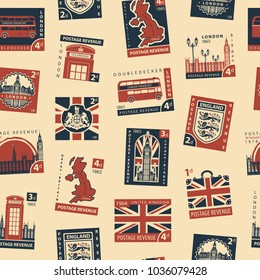 Retro Postage Seamless Background. Vector seamless pattern on UK and London theme with postage stamps and postmarks in retro style. Can be used as wallpaper or wrapping paper