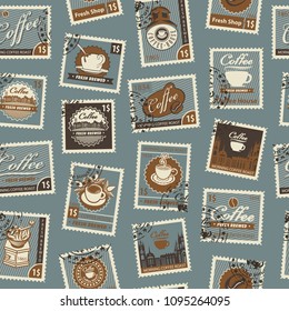 Retro Postage Seamless Background. Vector seamless pattern on coffee and coffee house theme with postage stamps and postmarks in retro style. Can be used as wallpaper or wrapping paper