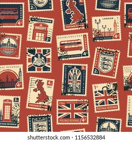 Retro Postage Seamless Background. Vector seamless pattern on UK and London theme with postage stamps and postmarks in retro style. Can be used as wallpaper or wrapping paper