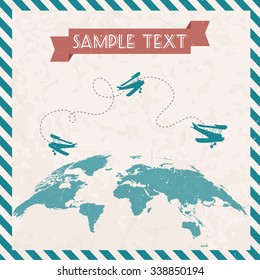 Retro postage stamp with biplanes and world map. Vector vintage illustration