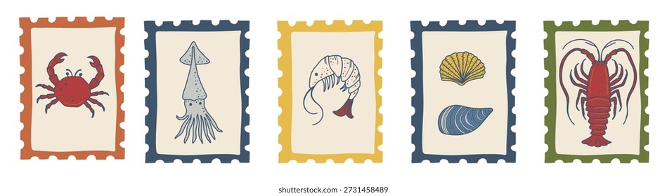Diseños de sellos postales retro con motivos de mariscos en un estilo ilustrativo limpio. Ideal para la marca costera, temas de viajes y diseños decorativos.