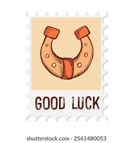 Retro postage stamp with Lucky Horseshoe. Hand drawn ink element. Great for Happy St Patrick's day. Vector illustration