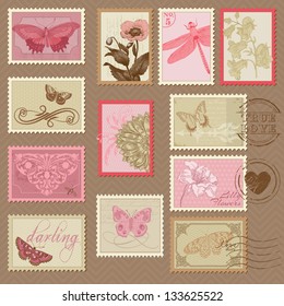 Retro Postage Stamps - with butterflies and flowers - for wedding design, invitation, scrapbook