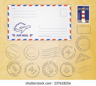 Retro postage stamps collection with realistic envelope with frame template for air mail and place for postmark and postage stamp on textured old paper