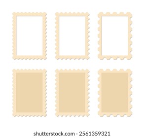 Retro postage stamps frames set. Blank rectangular border templates with perforated edges.