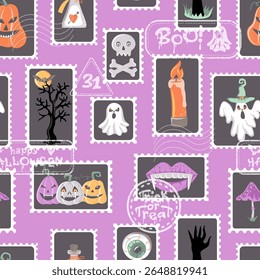 Selos postais retrô Halloween Padrão Sem Costura. Impressão de férias moderna para têxtil, tecido, papel de parede, envoltório, envoltório de presente, papel, scrapbook e embalagem. Ilustração vetorial.