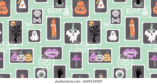 Selos postais retrô Halloween Padrão sem emenda no fundo da casa da moeda. Impressão de férias moderna para têxtil, tecido, papel de parede, envoltório, envoltório de presente, papel, scrapbook e embalagem. Ilustração vetorial.