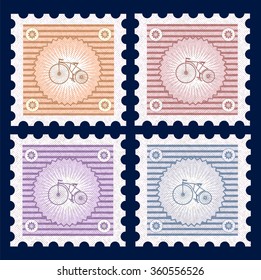 Retro postage stamps on the theme of transport and bicycles