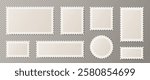 Retro postage stamps set isolated on transparent background. Vector realistic illustration of blank craft square, rectangle, round shape paper stickers for postcard, envelope, parcel, mail delivery
