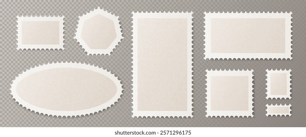 Retro postage stamps set isolated on transparent background. Vector realistic illustration of blank craft square, rectangle, oval shape paper stickers for postcard, envelope, parcel, mail delivery