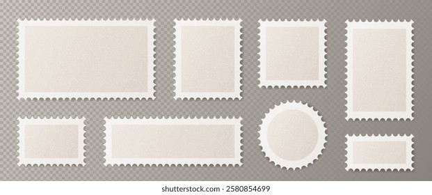 Retro postage stamps set isolated on transparent background. Vector realistic illustration of blank craft square, rectangle, round shape paper stickers for postcard, envelope, parcel, mail delivery