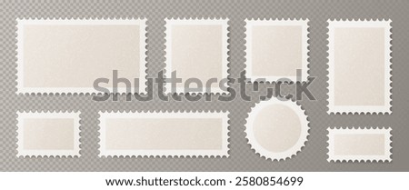 Retro postage stamps set isolated on transparent background. Vector realistic illustration of blank craft square, rectangle, round shape paper stickers for postcard, envelope, parcel, mail delivery
