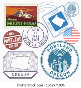 Retro postage stamps set, Oregon, United States theme, vector illustration