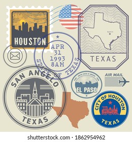 Retro postage stamps set, Texas, United States theme, vector illustration