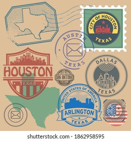 Retro postage stamps set, Texas, United States theme, vector illustration