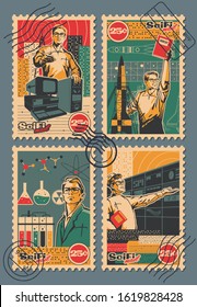 Retro Postage Stamps Stylization, Science Propaganda Collection, Vintage Colors, Stamp Imprints