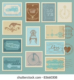 Retro Postage Stamps - for wedding design, invitation, congratulation, scrapbook