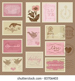 Retro Postage Stamps - for wedding design, invitation, congratulation, scrapbook