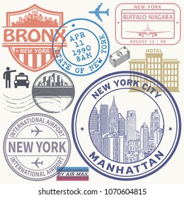Retro postage USA airport stamps set New York state theme, vector illustration