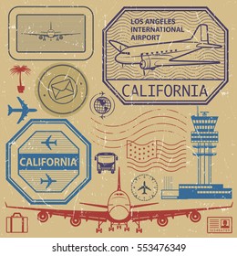 Retro postage USA airport stamps set, Los Angeles, California theme, vector illustration
