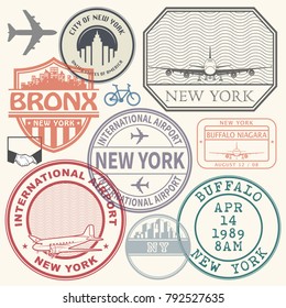 Retro postage USA airport stamps set New York state theme, vector illustration