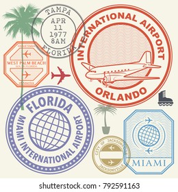 Retro postage USA airport stamps set Florida state theme, vector illustration