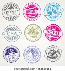 Retro postal stamps mail post office air vector set