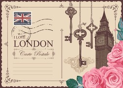 Retro Postcard With Big Ben In London, United Kingdom And Roses. Vector Postcard In Vintage Style With Old Keys, Words I Love London And A Place For Text On Background With Postage Stamp And Postmark