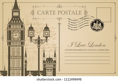 Retro postcard with Big Ben in London, UK. Vintage vector postcard with place for text, words I love London and rubber stamp in form of royal coat of arms on abstract background of old manuscript