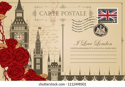 Retro postcard with Big Ben in London, Palace of Westminster, UK. Romantic vector postcard in vintage style with place for text, red roses and words I love London on the background of old manuscript