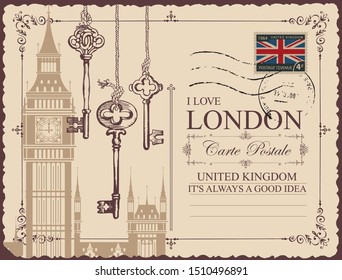 Retro postcard with Big Ben in London, United Kingdom. Vector postcard in vintage style with old keys, words I love London and a place for text on beige background with postage stamp and postmark