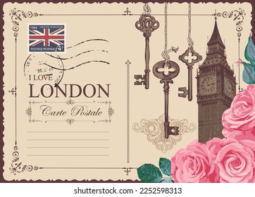 Retro postcard with Big Ben in London, United Kingdom and roses. Vector postcard in vintage style with old keys, words I love London and a place for text on background with postage stamp and postmark