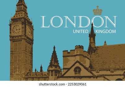 Retro postcard with Big Ben in London, UK. Vintage vector postcard with words London on blue background