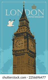 Retro postcard with Big Ben in London, UK and seagull. Vintage vector postcard with words London on blue background