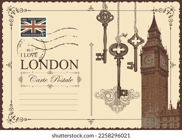 Retro postcard with Big Ben in London, United Kingdom. Vector postcard in vintage style with old keys, words I love London and a place for text on beige background with postage stamp and postmark