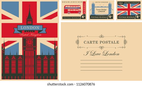 Retro postcard with british flag and Big Ben in London and with UK postmarks. Vector set of postage stamps and postcard in vintage style with words I love London and place for text