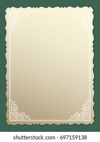 Retro postcard with carved edges and ornate border. 