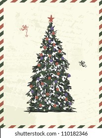 Retro postcard with christmas tree, sketch for your design