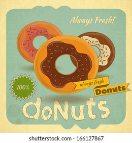 Retro postcard, Cover menu - Donuts on Vintage background. Vector illustration