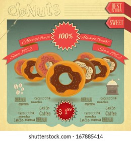 Retro postcard, Cover menu - Donuts Menu on Vintage background. Vector illustration