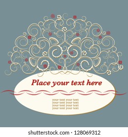 Retro  postcard with decorative ornamental tree on green background