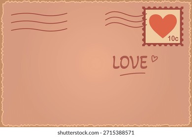Diseño de postal retro con sello de corazón, marcas postales y nota de amor escrita a mano