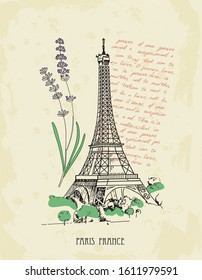 Retro postcard with Eiffel tower, lavender, text. Paris, France. Vector sketches hand drawn illustration background. Postcard, poster, booklet advertising and design. Line art style.