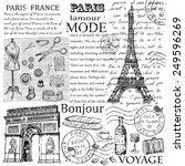 Retro postcard with Eiffel tower in Paris, France. Vector illustration. Vintage design with hand drawn sketch. Line art style.