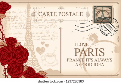 Retro postcard with Eiffel tower in Paris, France. Romantic vector postcard in vintage style with red roses, postmark and words I love Paris on the background of old manuscript with spots