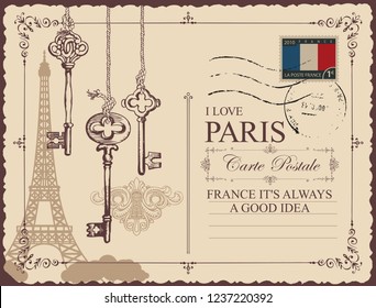 Retro postcard with Eiffel tower in Paris, France. Vector postcard in vintage style with old keys and keyholes, with words I love Paris and place for text on beige background with rubber stamp