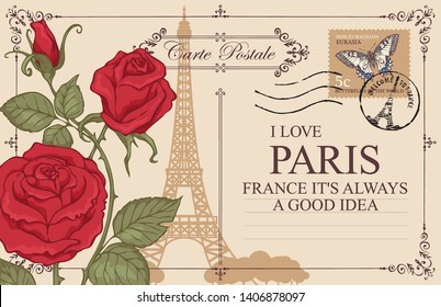 Retro postcard with Eiffel tower in Paris, France. Romantic vector postcard with red roses, postmark, postage stamp with butterfly and words I love Paris